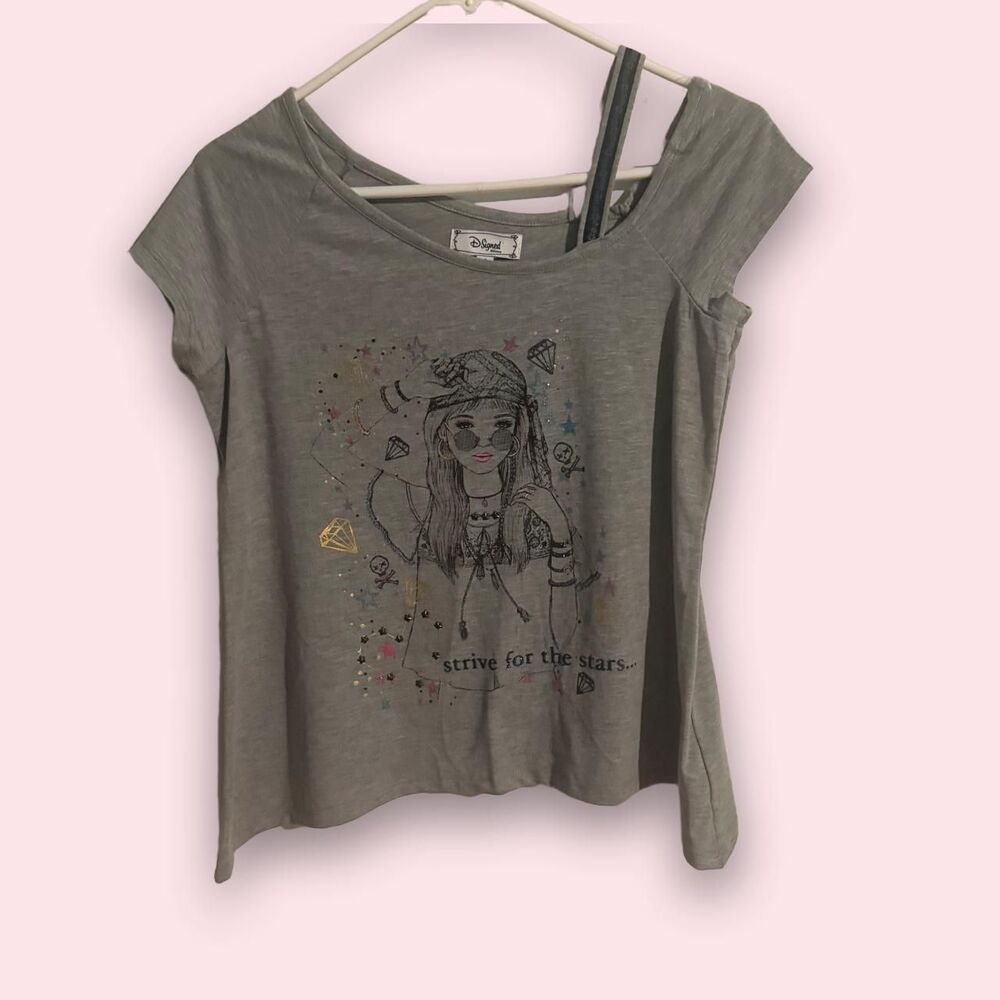 Disney D-Signed Graphic Top Girls Size Large Gray Short Sleeve Boho Tee